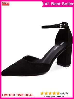Women's Pointed Toe Block Chunky Heel Dress Pumps with Ankle Strap
